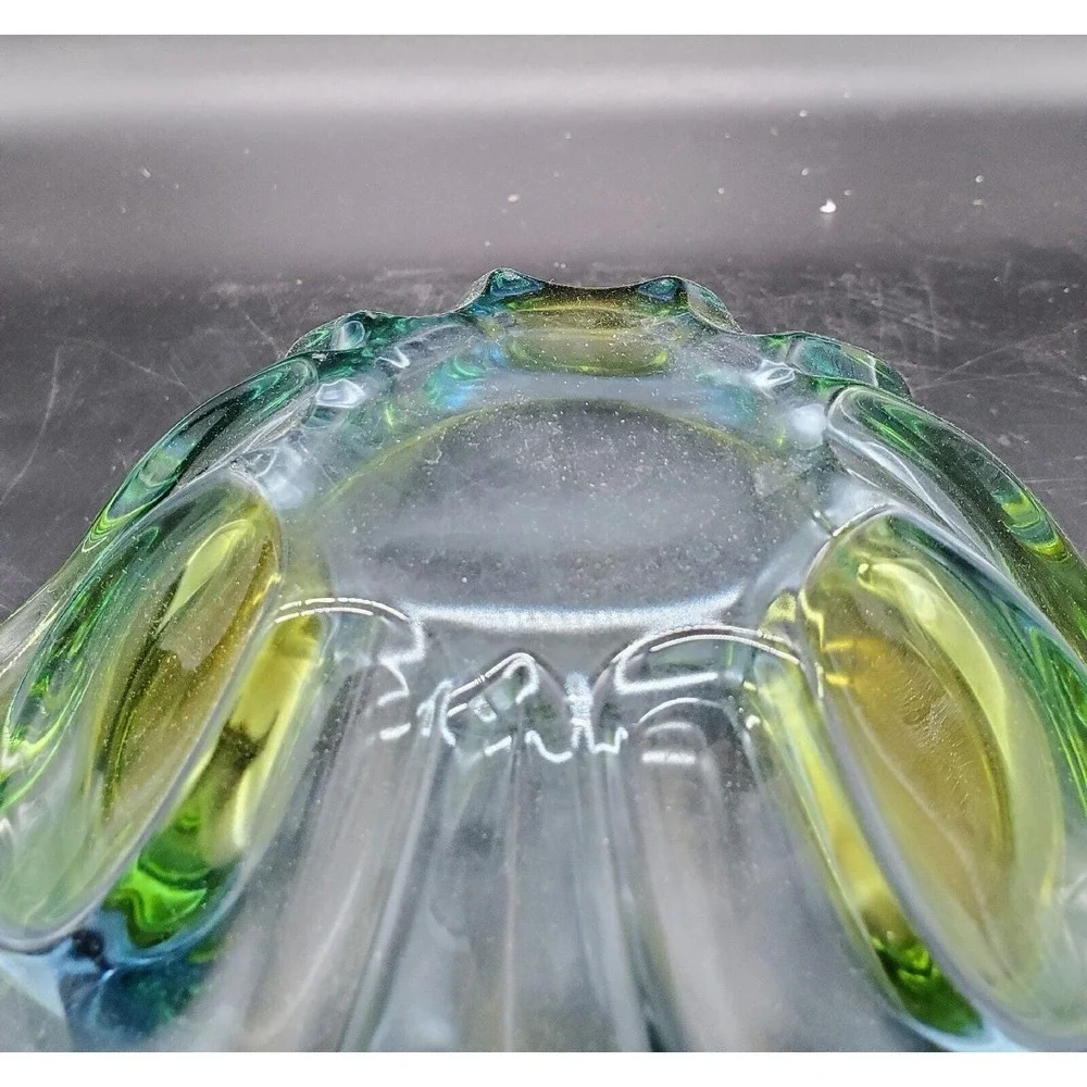 Vintage Walther Art Glass Decorative Bowl Triangle Green Blue 9